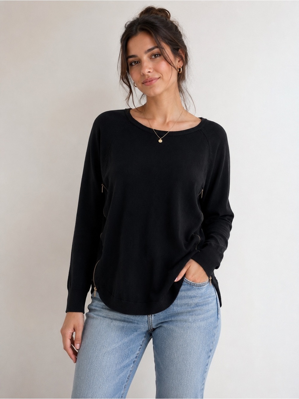 New York & Company Black Zip Side Lightweight Knit Sweater Women’s Large